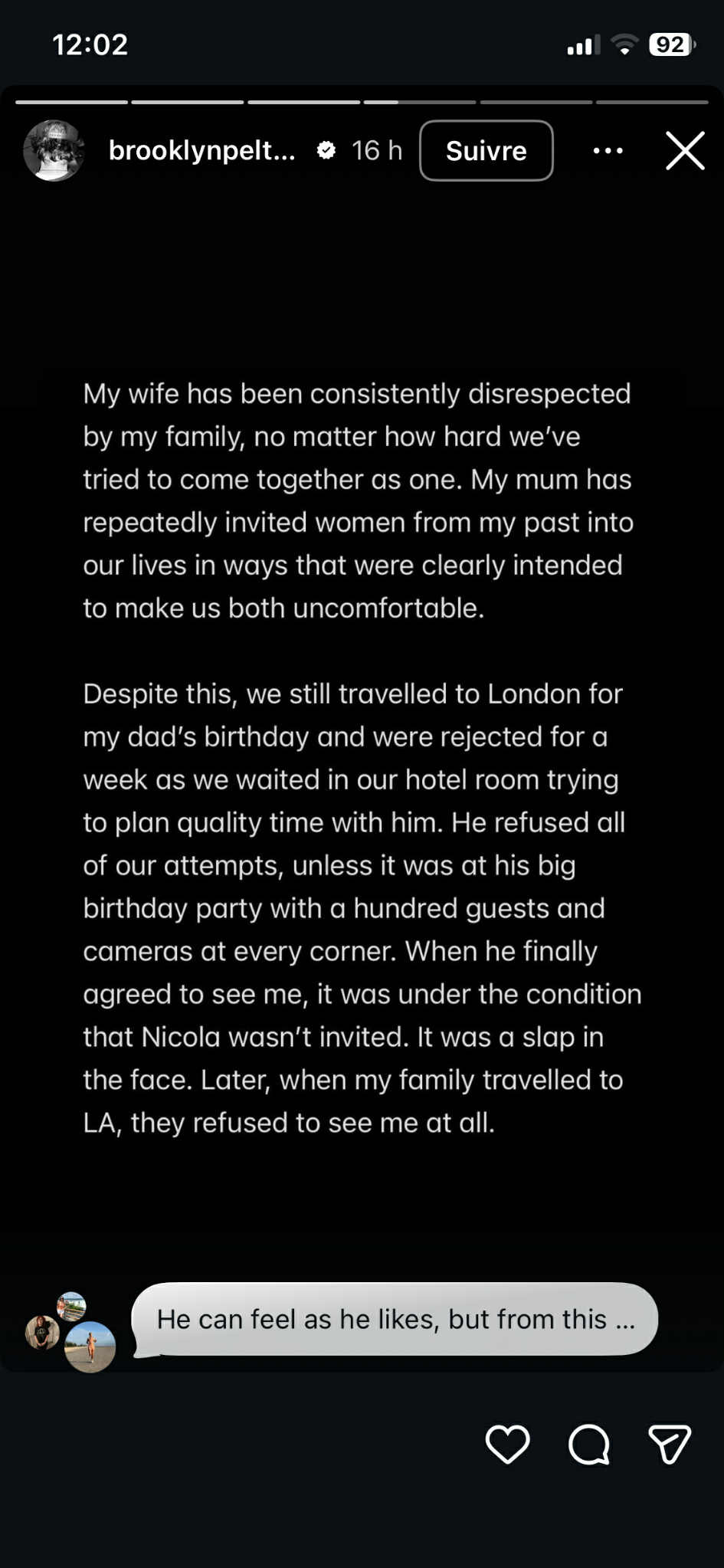 Capture d'écran de la story Instagram de Brooklyn Beckham I Source : https://www.instagram.com/brooklynpeltzbeckham/?hl=en