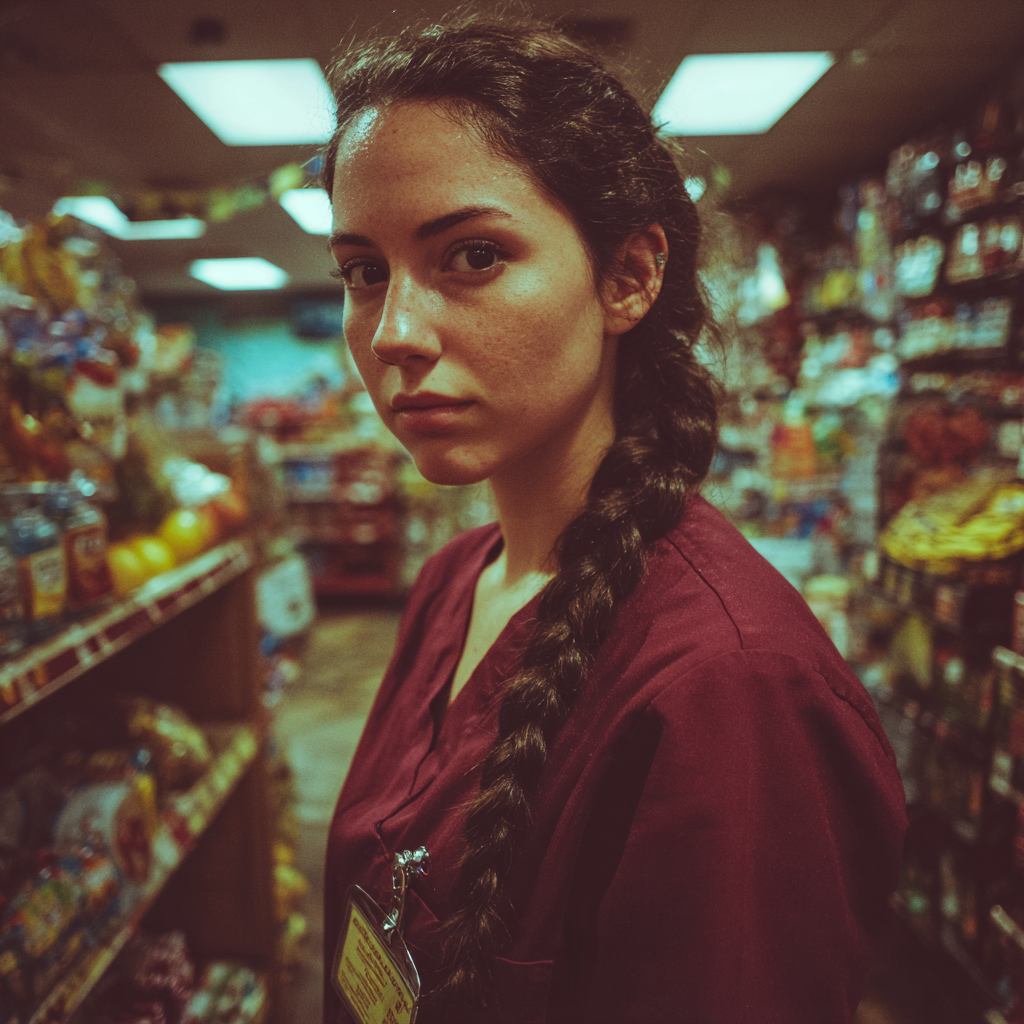 Une infirmière pensive portant une blouse bordeaux | Source : Midjourney