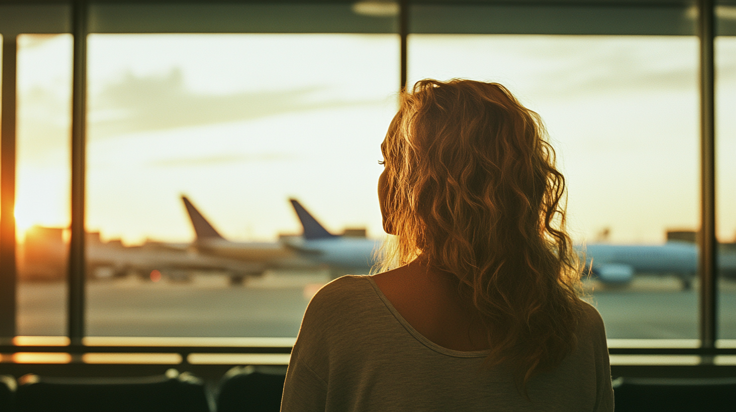 Femme observant les avions à travers la fenêtre de l'aéroport | Source : Midjourney