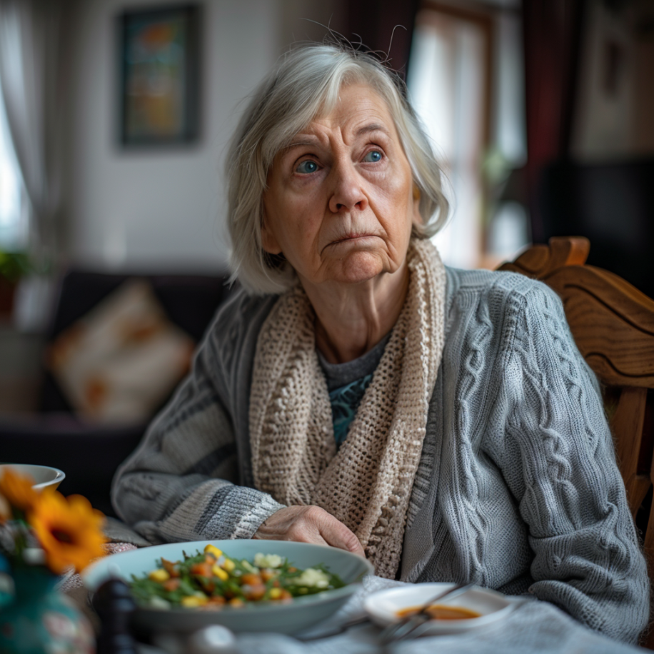 Une femme âgée assise à la table du dîner | Source : Midjourney