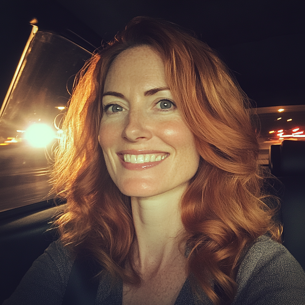 Une femme souriante assise dans une voiture | Source : Midjourney