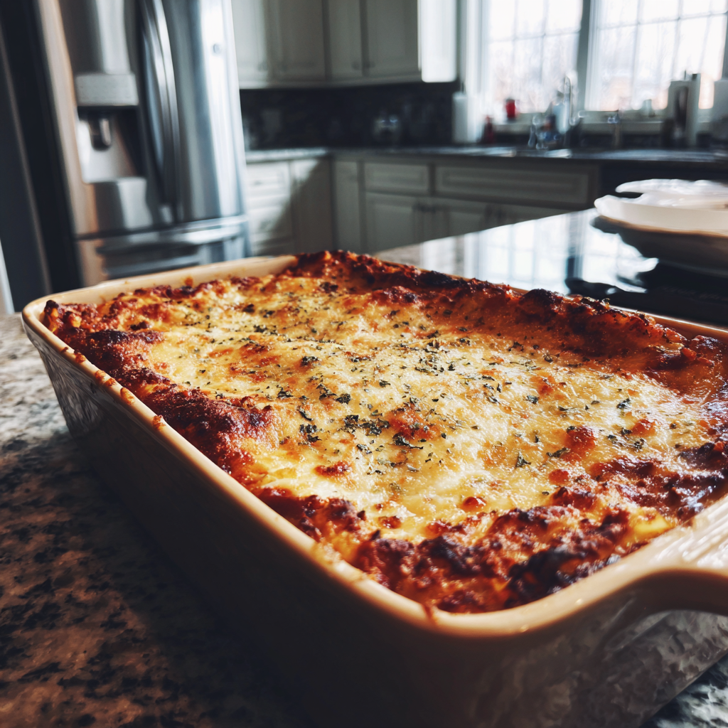 Une casserole de lasagnes sur un comptoir de cuisine | Source : Midjourney