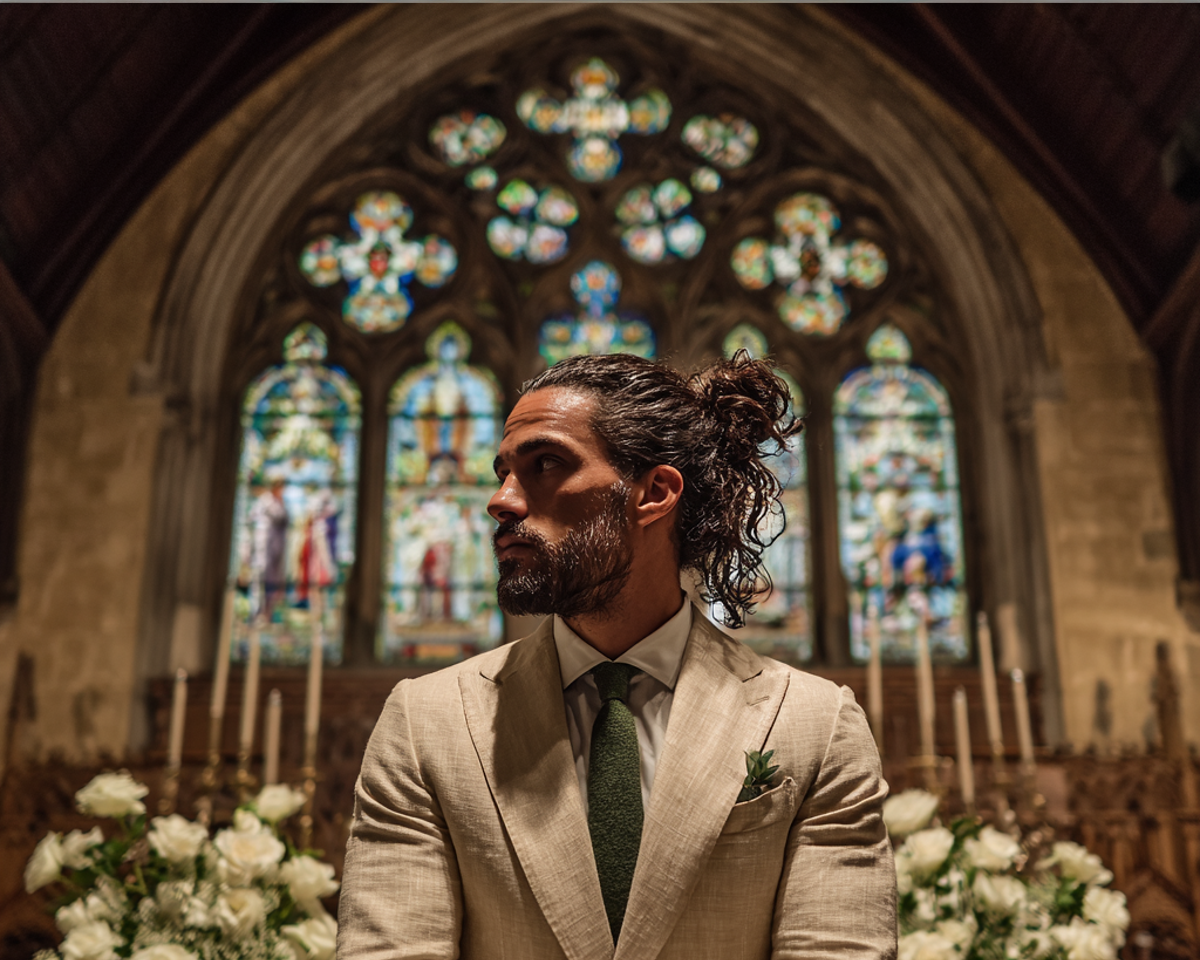 Profil latéral d'un homme debout dans une église | Source : Midjourney