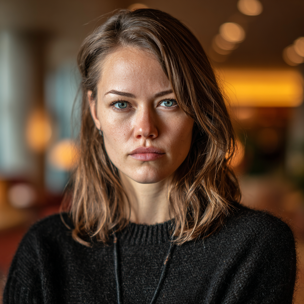 Une femme pensive portant un pull noir | Source : Midjourney