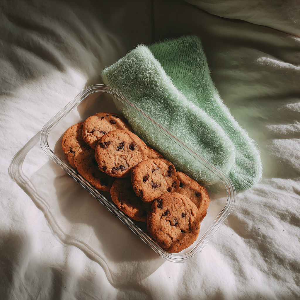 Un contenant de biscuits aux pépites de chocolat et une paire de chaussettes duveteuses | Source : Midjourney