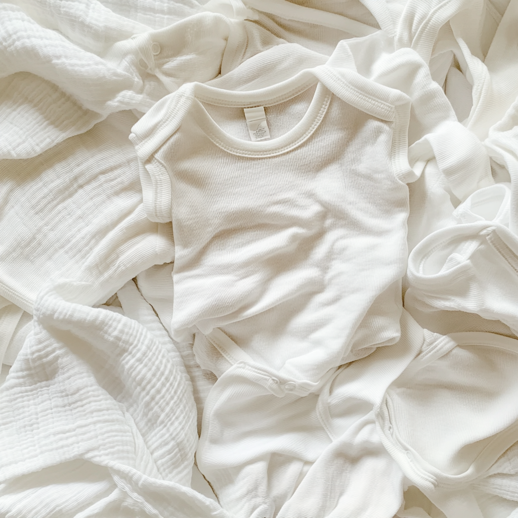 Une pile de vêtements de bébé blancs | Source : Midjourney