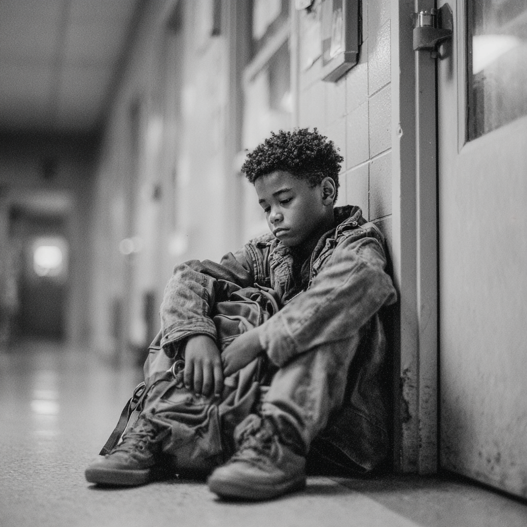 Un garçon triste assis sur le sol | Source : Midjourney