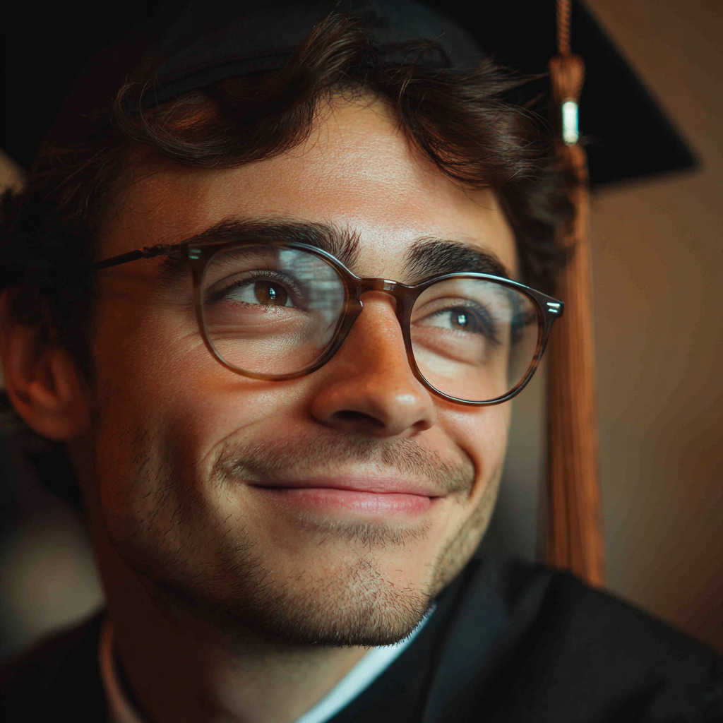 Un jeune homme souriant avec son bonnet et sa toge de fin d'études | Source : Midjourney
