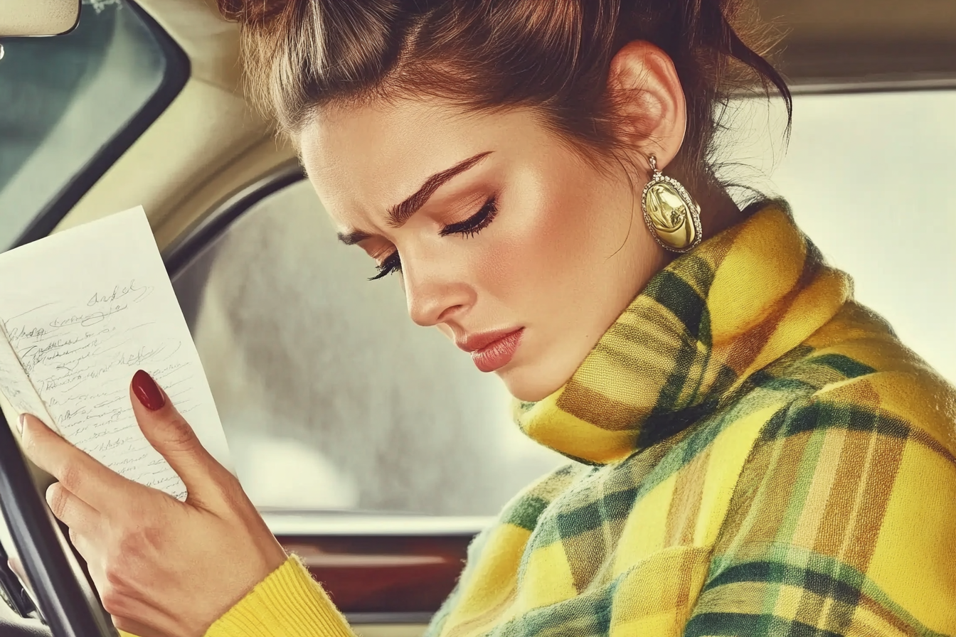 Une femme lisant une lettre dans sa voiture | Source : Midjourney