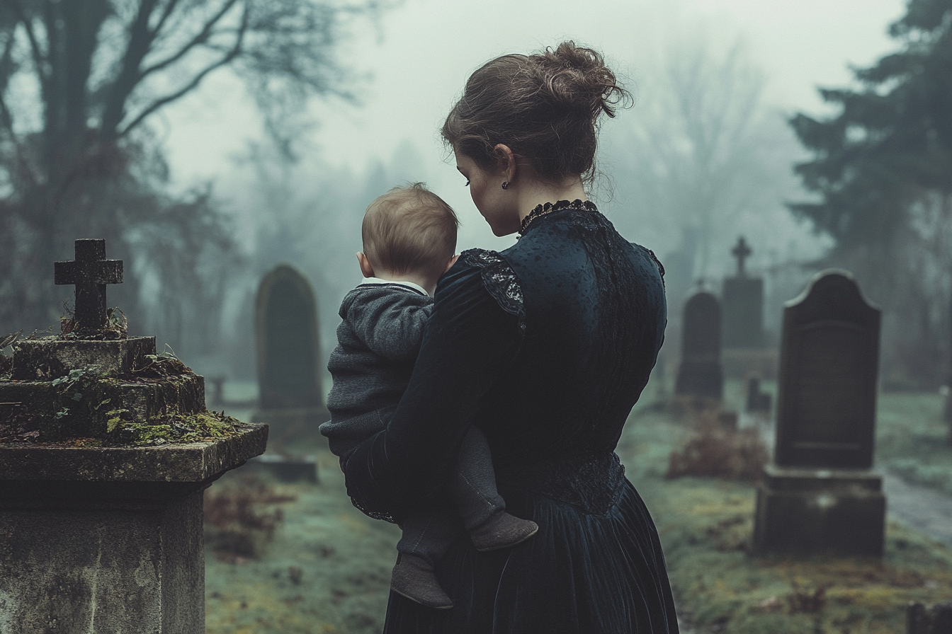 Une femme avec un bébé dans un cimetière | Source : Midjourney