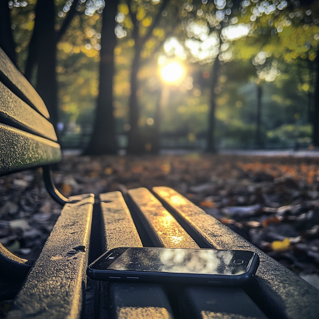 Un téléphone portable sur un banc public | Source : Midjourney