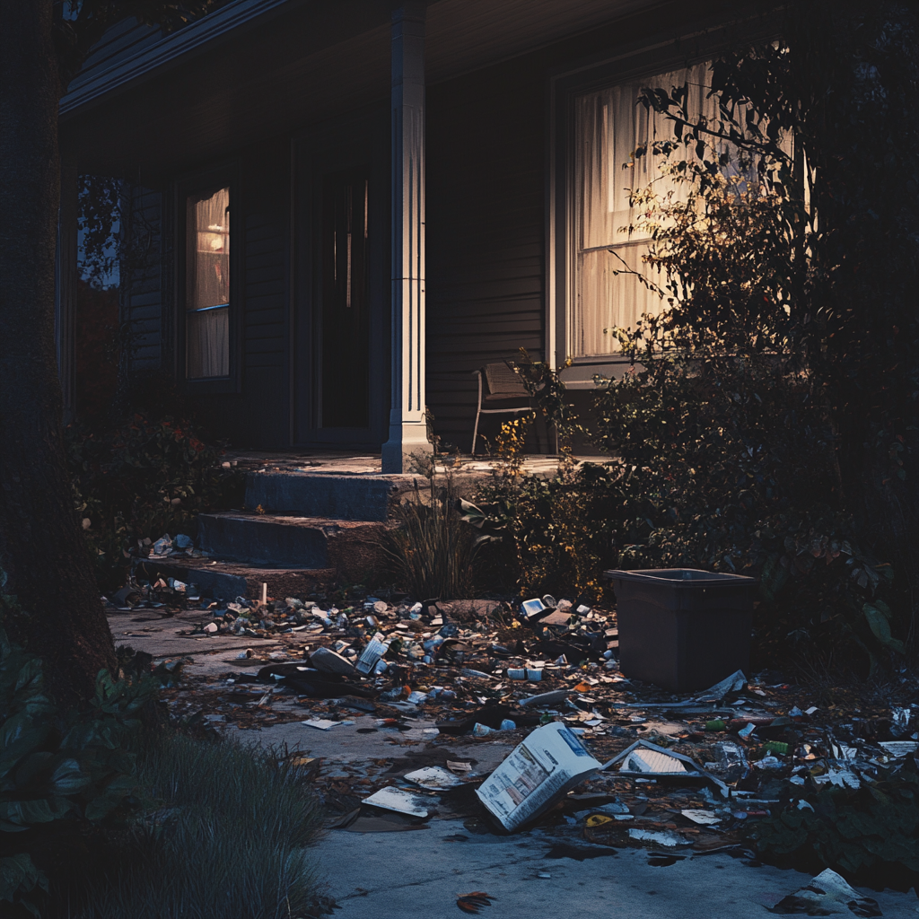 Déchets devant une maison la nuit | Source : Midjourney