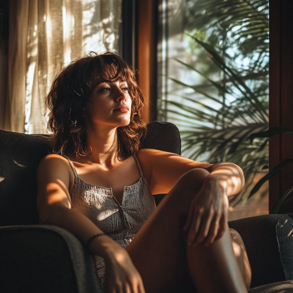La femme regarde par la fenêtre, un plan brillant se formant dans son esprit. | Source : Midjourney