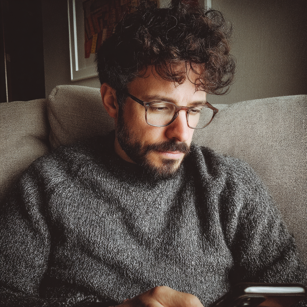 Un homme assis sur un canapé et qui utilise son téléphone | Source : Midjourney