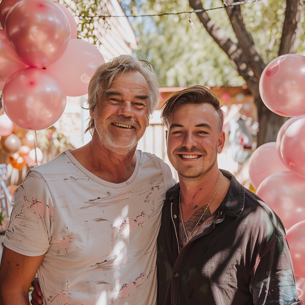 Deux hommes lors d'une fête de révélation du sexe | Source : Midjourney