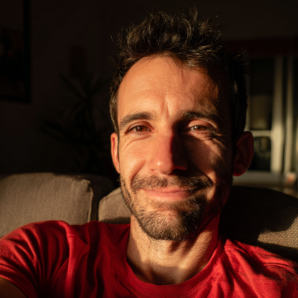 Un homme souriant assis sur un canapé | Source : Midjourney