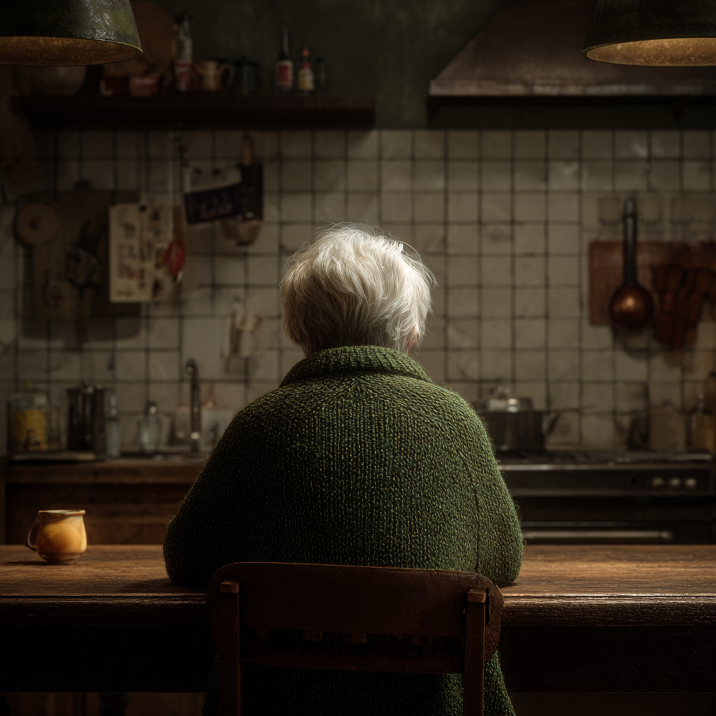 Une femme âgée assise dans la cuisine | Source : Midjourney