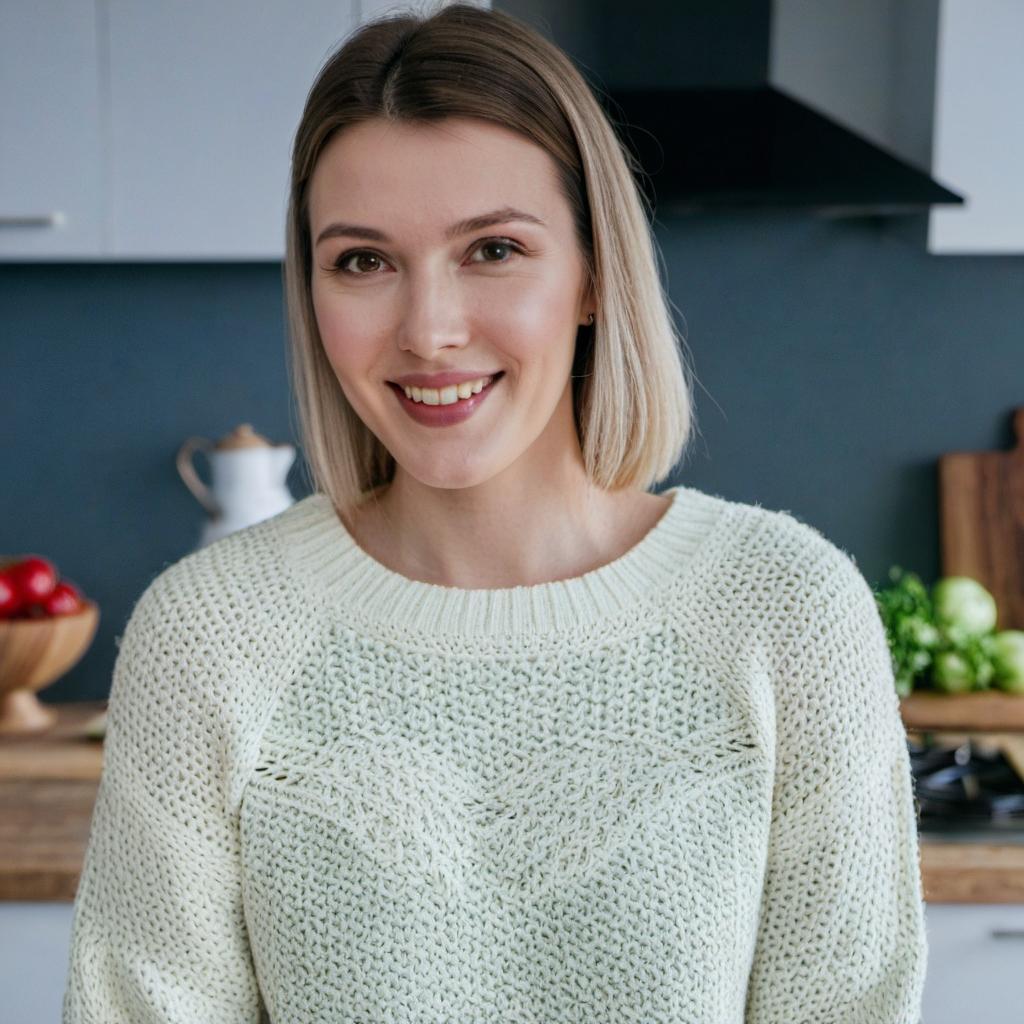 Une femme souriant joyeusement, debout dans une cuisine. | Source : Midjourney