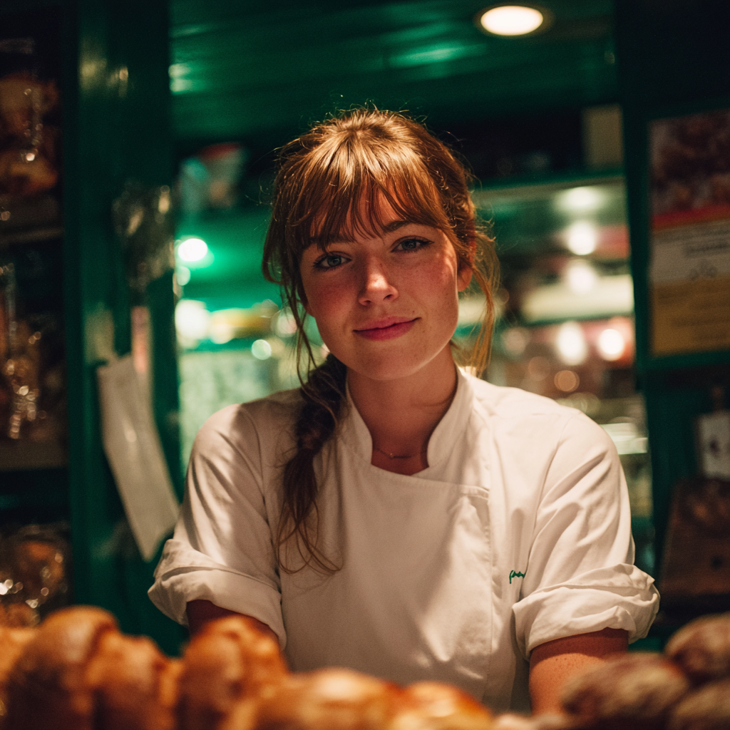 Une femme souriante debout dans une boulangerie | Source : Midjourney