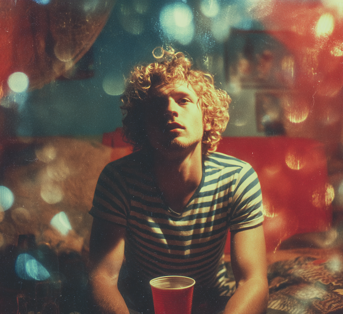 Un homme pensif assis sur un matelas gonflable lors d'une fête | Source : Midjourney