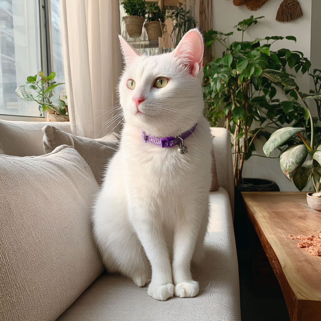 Un chat blanc sur un canapé | Source : Midjourney