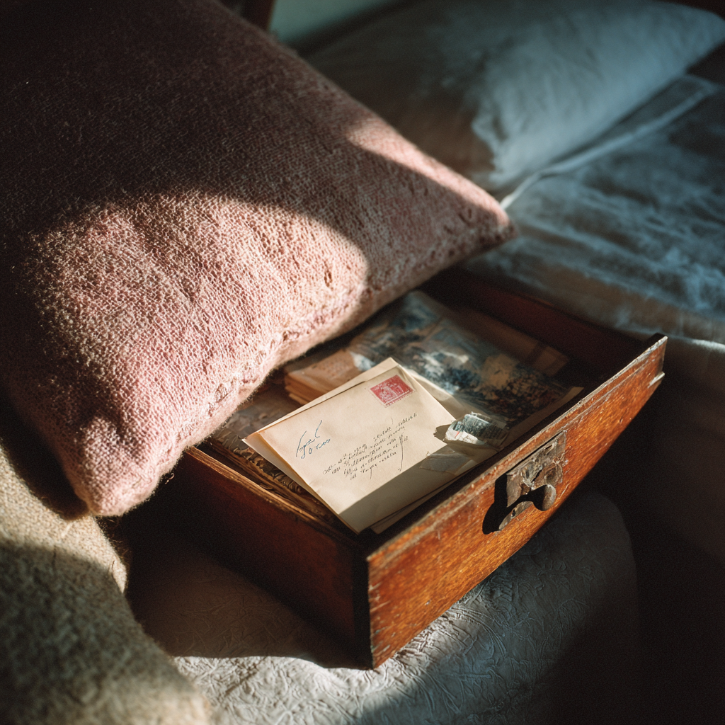 Un oreiller est posé sur un tiroir ouvert avec une lettre | Source : Midjourney