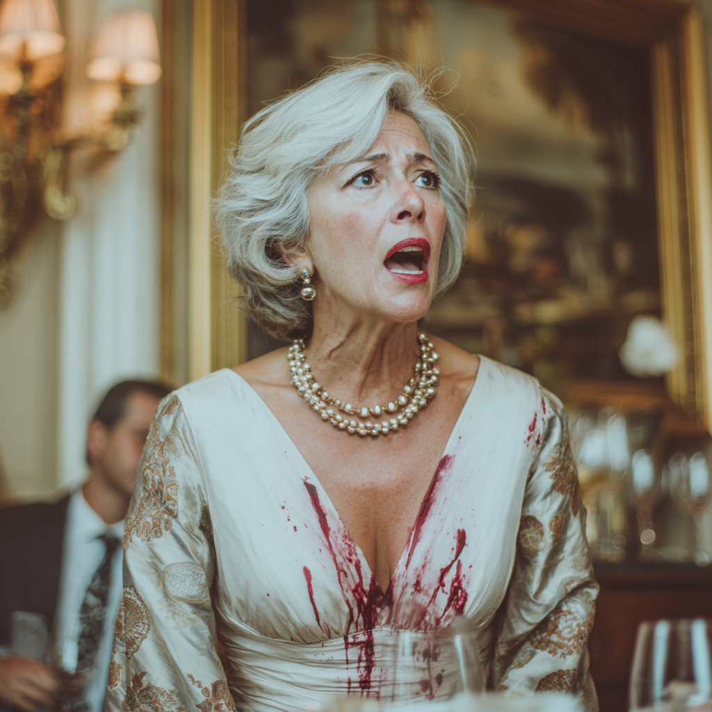 Une femme choquée avec une tache de vin sur sa robe | Source : Midjourney