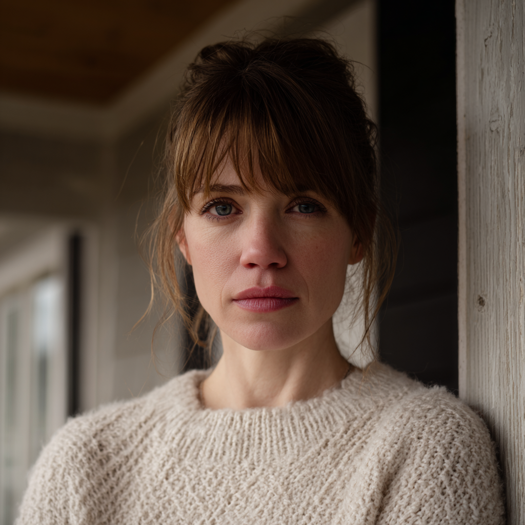 Une femme pensive portant un pull blanc | Source : Midjourney