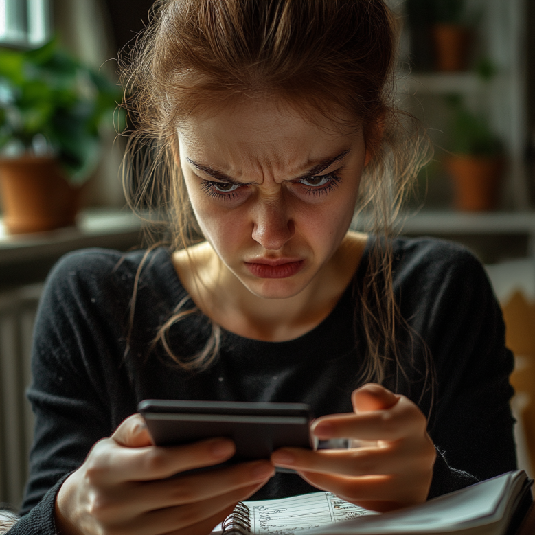 Une femme bouleversée tenant son téléphone | Source : Midjourney