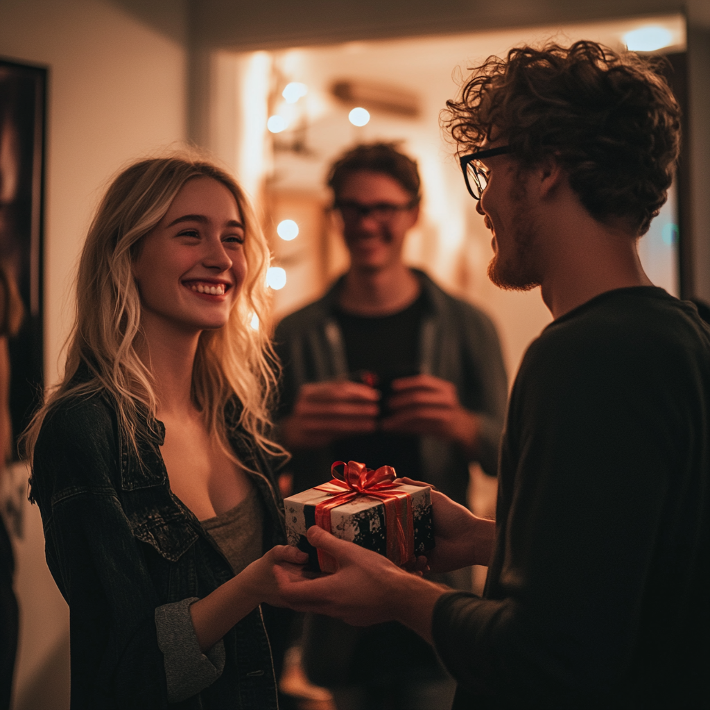 Une femme offrant un cadeau à son mari | Source : Midjourney