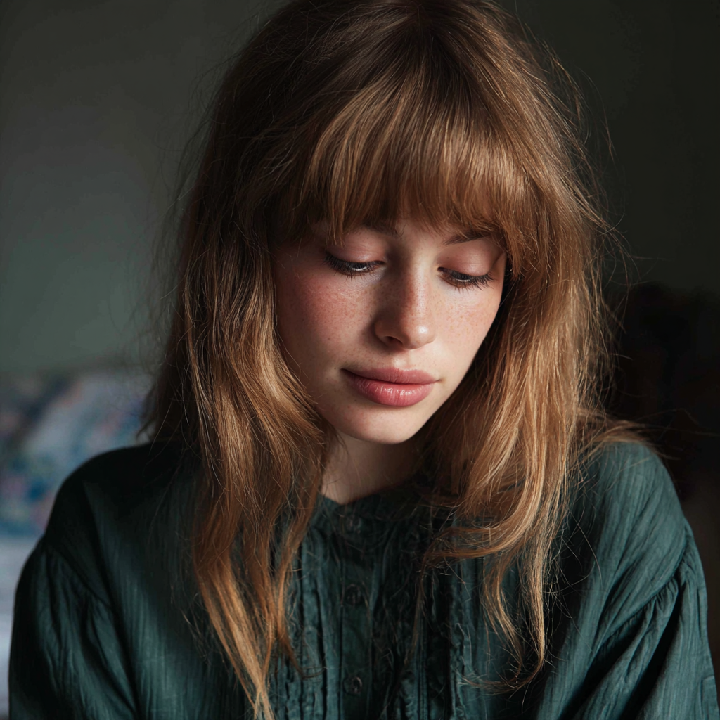 Une femme émotive portant un chemisier vert | Source : Midjourney