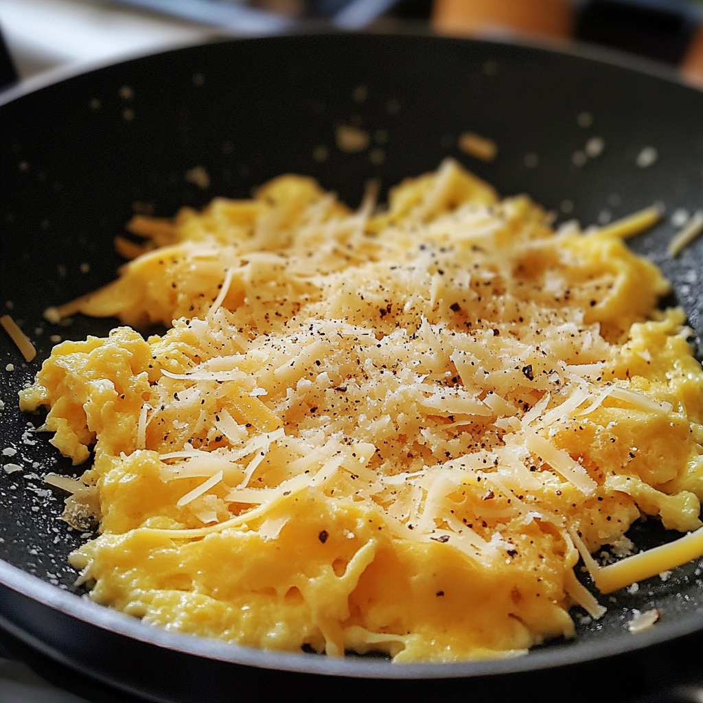 Œufs brouillés avec du fromage dans une poêle | Source : Midjourney