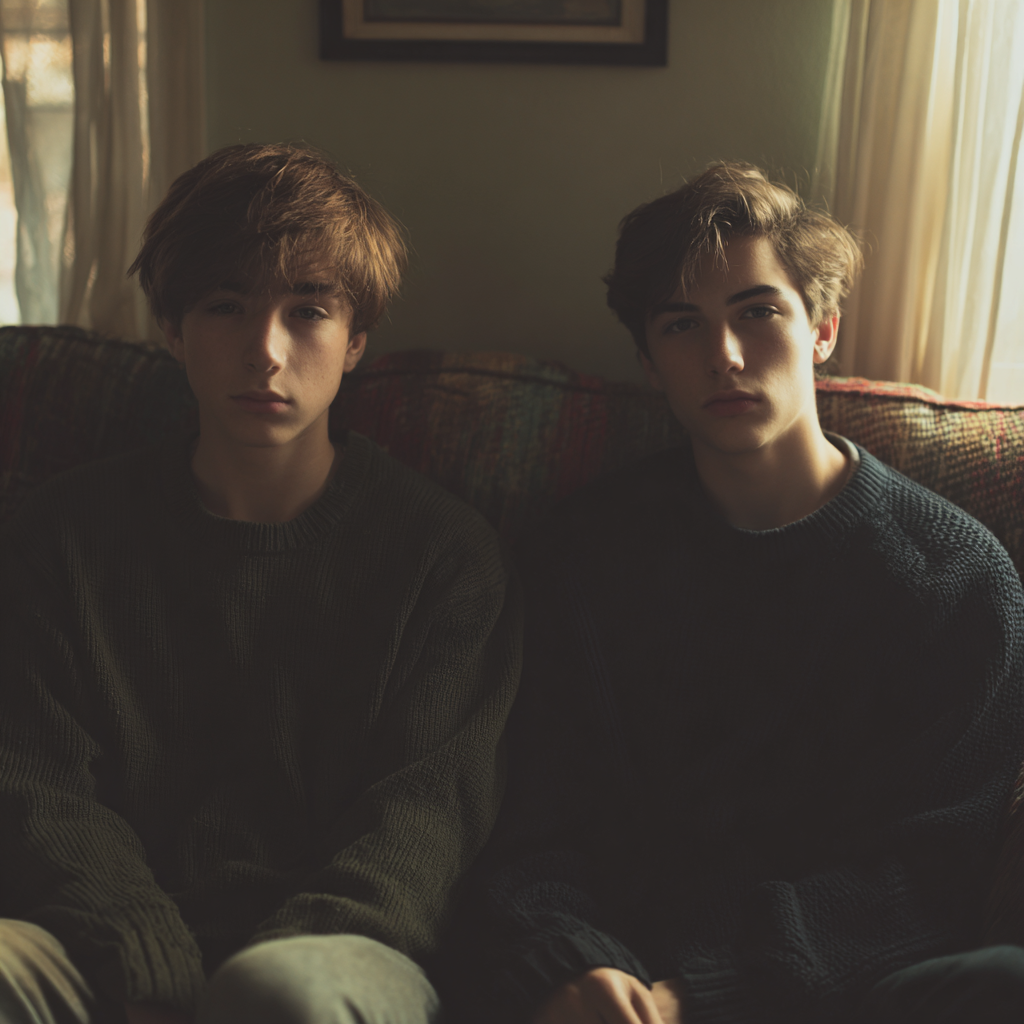 Deux jumeaux assis sur un canapé | Source : Midjourney