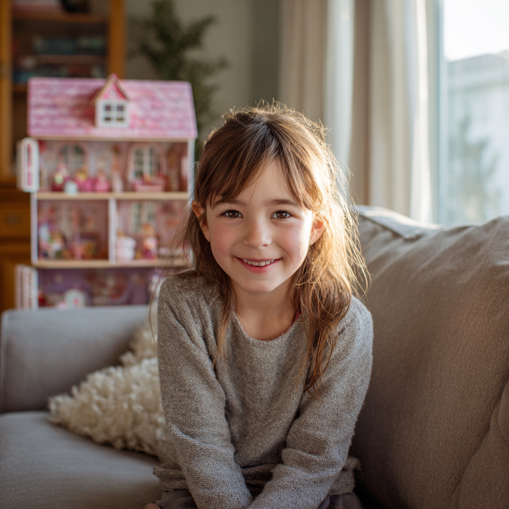 Une petite fille souriante assise sur un canapé | Source : Midjourney