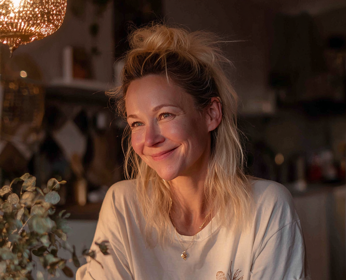 Une femme souriante assise à une table à manger | Source : Midjourney