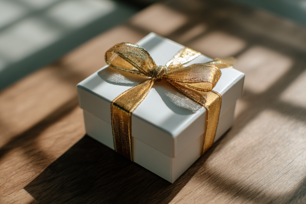 Une boîte blanche élégante attachée avec un ruban doré | Source : Midjourney