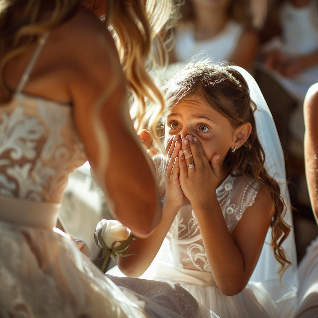Une fille bouleversée qui parle à la mariée | Source : Midjourney