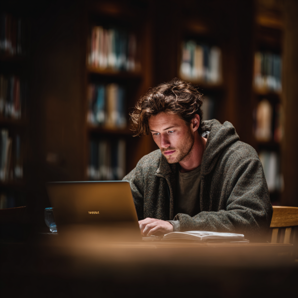 Un homme travaillant sur son ordinateur portable à la bibliothèque | Source : Midjourney