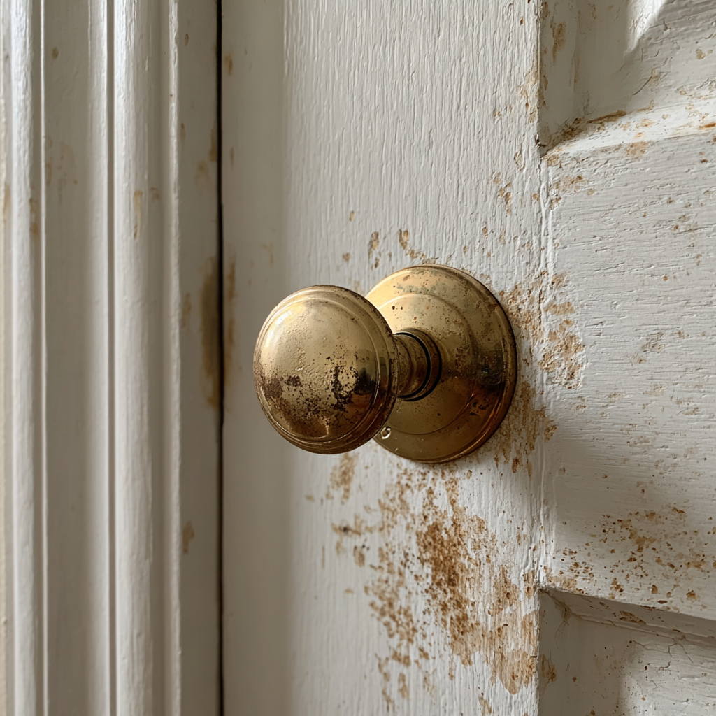 Gros plan sur une porte blanche avec un bouton doré | Source : Midjourney
