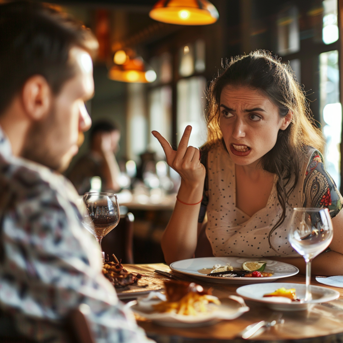 Une femme en colère s'en prend à son mari dans un restaurant | Source : Midjourney
