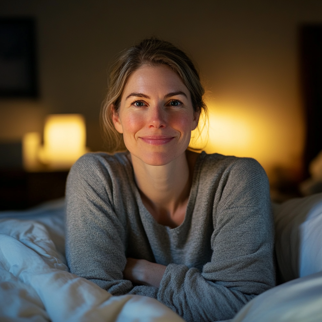 Une femme affichant un sourire forcé, assise dans son lit la nuit | Source : Midjourney