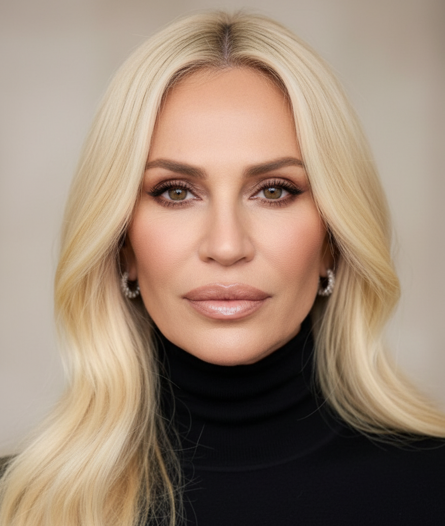 Cette image présente une nouvelle version de Donatella Versace, âgée de 30 à 40 ans, avec un visage naturellement rond et ovale, des contours de joues doux, une mâchoire délicatement définie et des lèvres pulpeuses et équilibrées, comme si elle n'avait jamais subi d'intervention esthétique. | Source : Gemini
