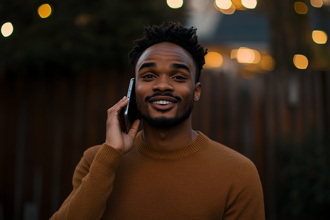 Un homme souriant alors qu'il est au téléphone | Source : Midjourney