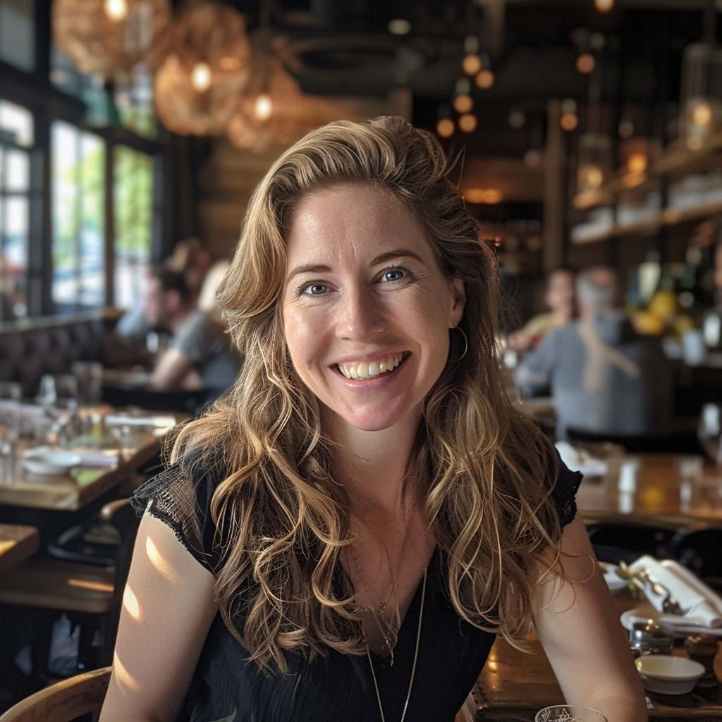 Une femme souriante dans un restaurant | Source : Midjourney