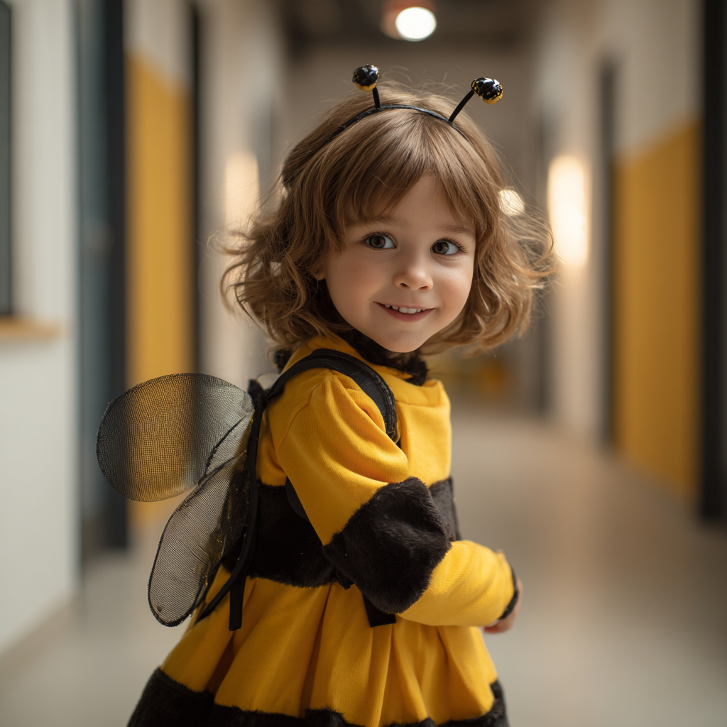 Une petite fille debout dans le couloir d'un immeuble et souriante | Source : Midjourney