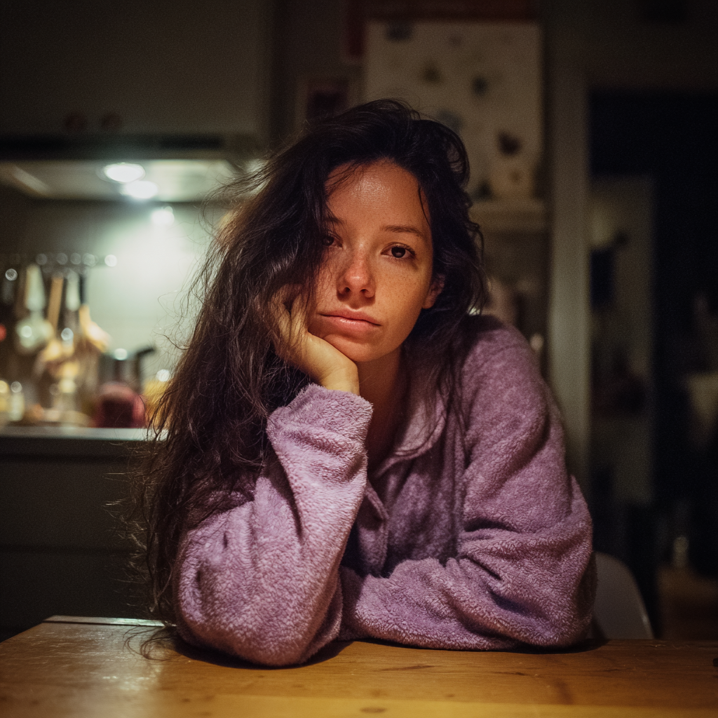 Une femme émotive assise à une table de cuisine | Source : Midjourney