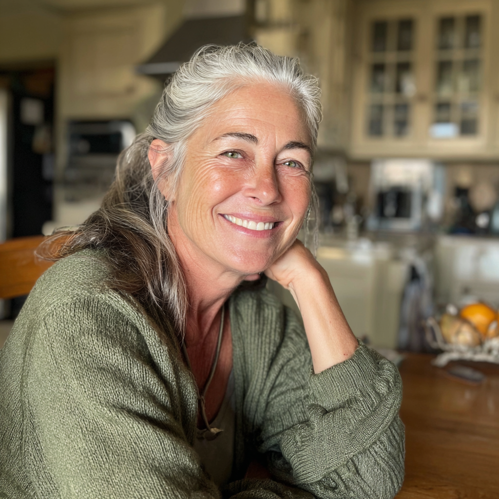 Une femme souriante assise à une table | Source : Midjourney