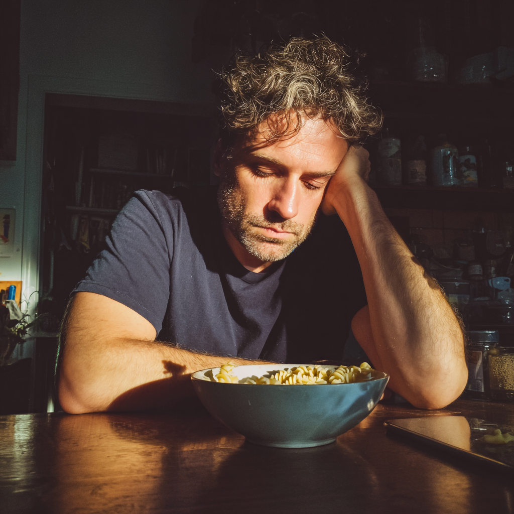 Un homme assis à une table, la main sur la tête | Source : Midjourney