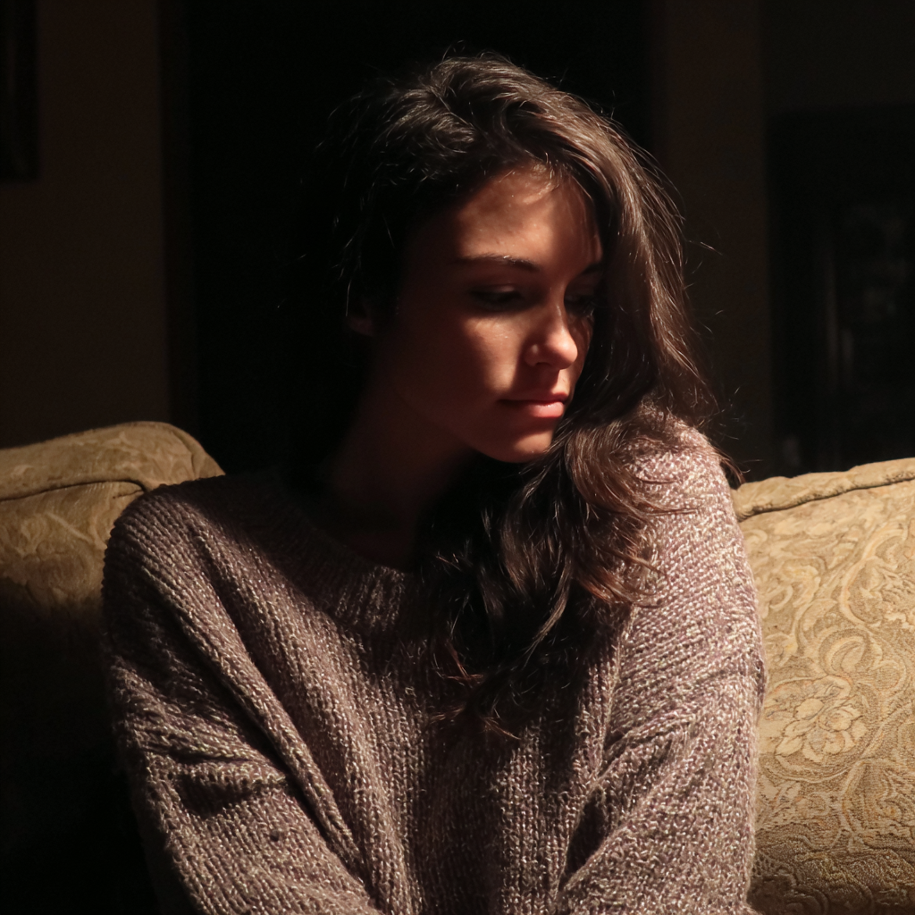 Une femme pensive assise sur un canapé | Source : Midjourney