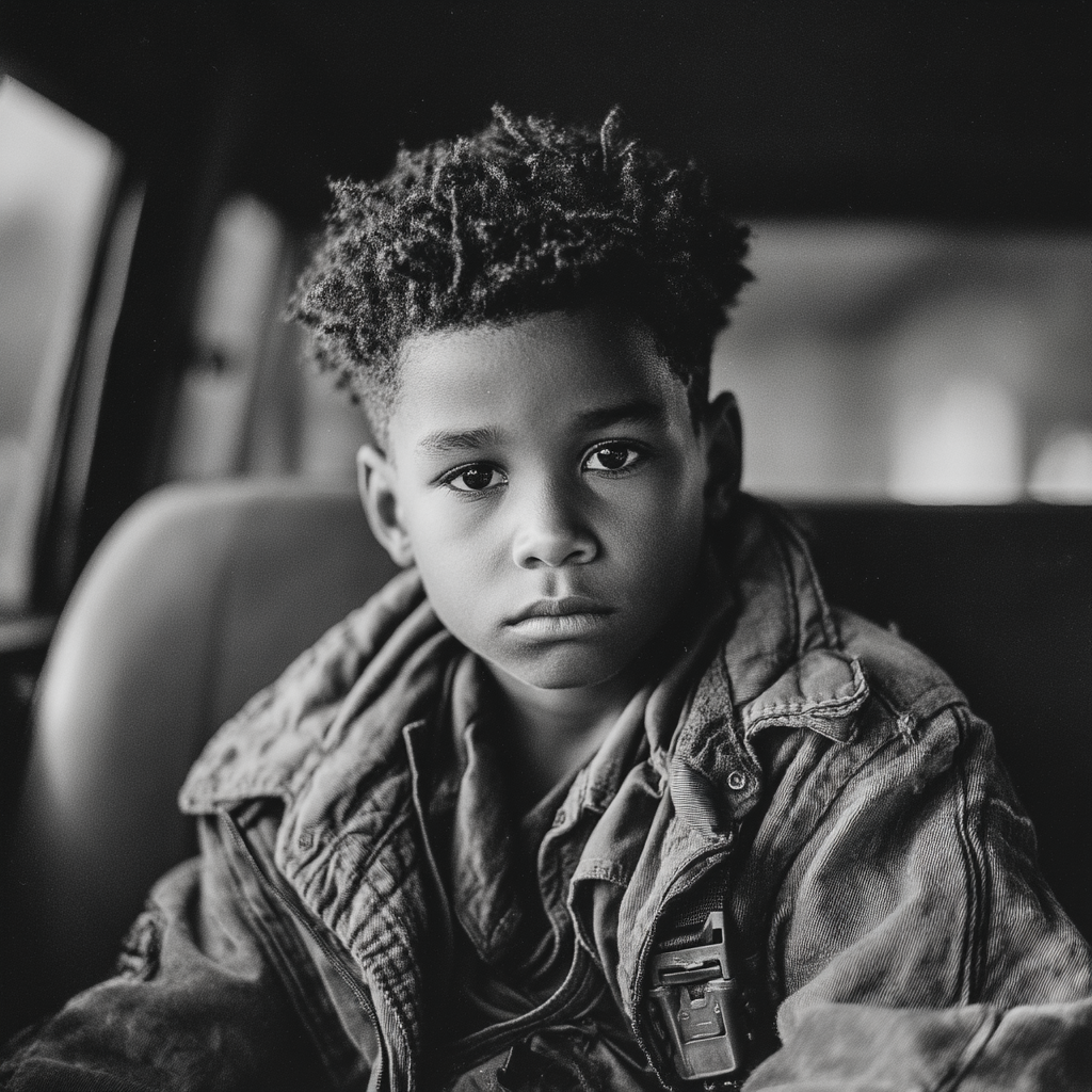 Un enfant triste sur la banquette arrière d'une voiture | Source : Midjourney